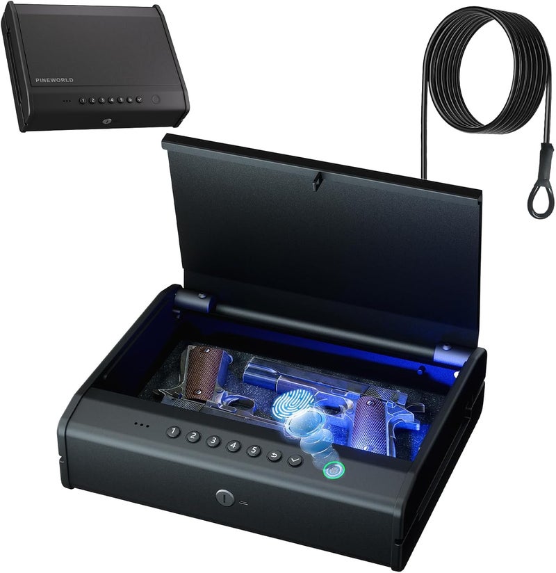 PINEWORLD Biometric Gun Safe For Handgun, Pistol Safe with Fingerprint/Backlit Keypad/Keys, 3 Quick Access Handgun Safe fits 2-3 Pistols, Gun Case with Interior LED Cable for Nightstand Car Large Size - Image 1